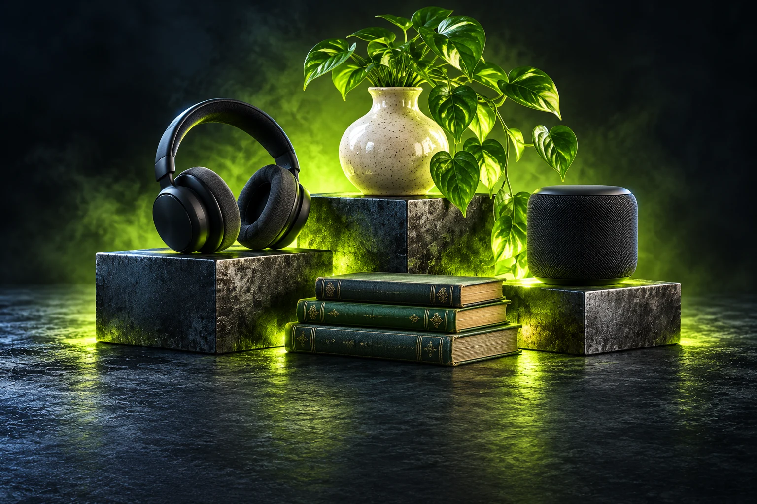 Headphones, books and a planted ceramic vase on illuminated gunmetal steel