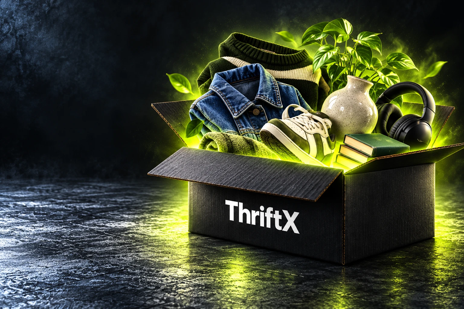 Clothing, trainers, homeware, books and headphones emerging from a ThriftX box, lit with a lime glow on textured steel