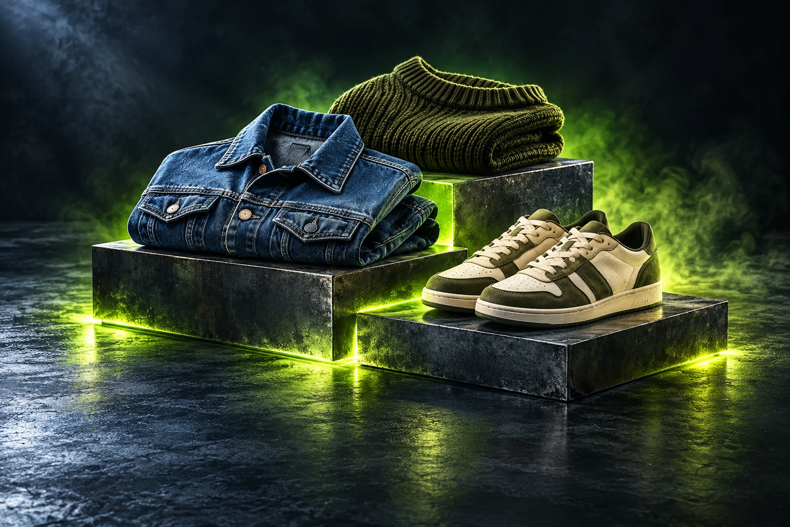 Denim, knitwear and trainers on steel plinths with vivid lime reflections